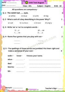 Sample question paper for monthly test, Unit test examination for all classes and all subject download PDF NCERT Worksheet