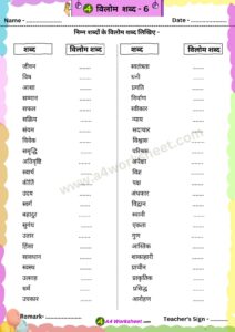 Vilom Shabd 6 Hindi PDF Worksheet Download class 1st to 5th A4worksheet.com