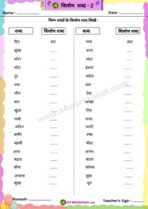 Vilom Shabd 2 Hindi PDF Worksheet Download class 1st to 5th A4worksheet.com