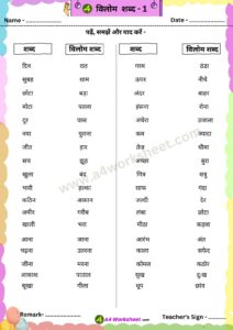Vilom Shabd 1 Hindi PDF Worksheet Download class 1st to 5th A4worksheet.com