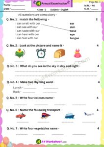 Annual Exam Paper Government School NCERT Download PDF. Class 1st, 2nd monthly Test, Unit Test subject Hindi, English, Math